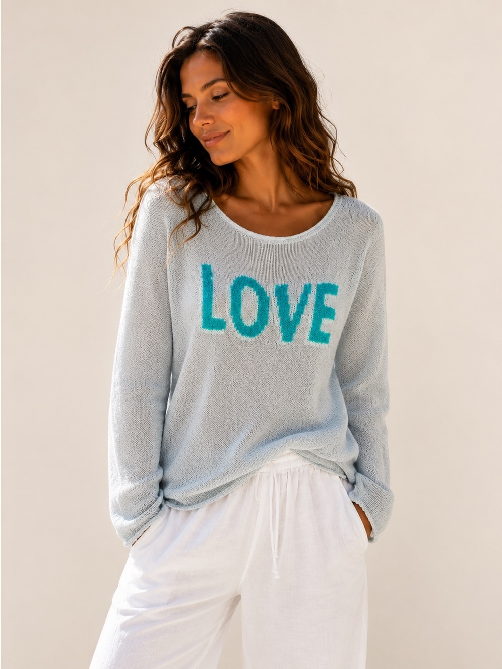 Wooden Ships Mohair Wool Blend lightweight Love Spellout Sweater Gray Green S/M
